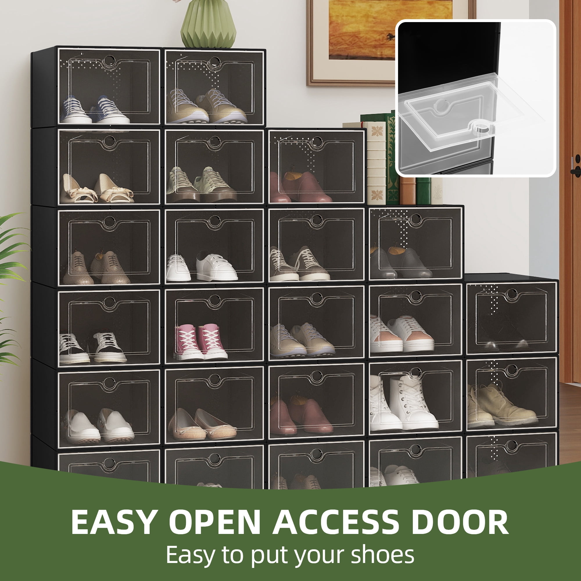 Uforic XL Shoe Storage Box, 24 pack Stackable Plastic Organizer Box for Shoes up to Size 15, Entryway and Hallway, Black