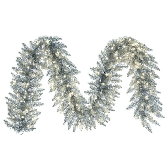 Vickerman 9' Sliver Artificial Christmas Garland, Warm White Dura-Lit LED lights.