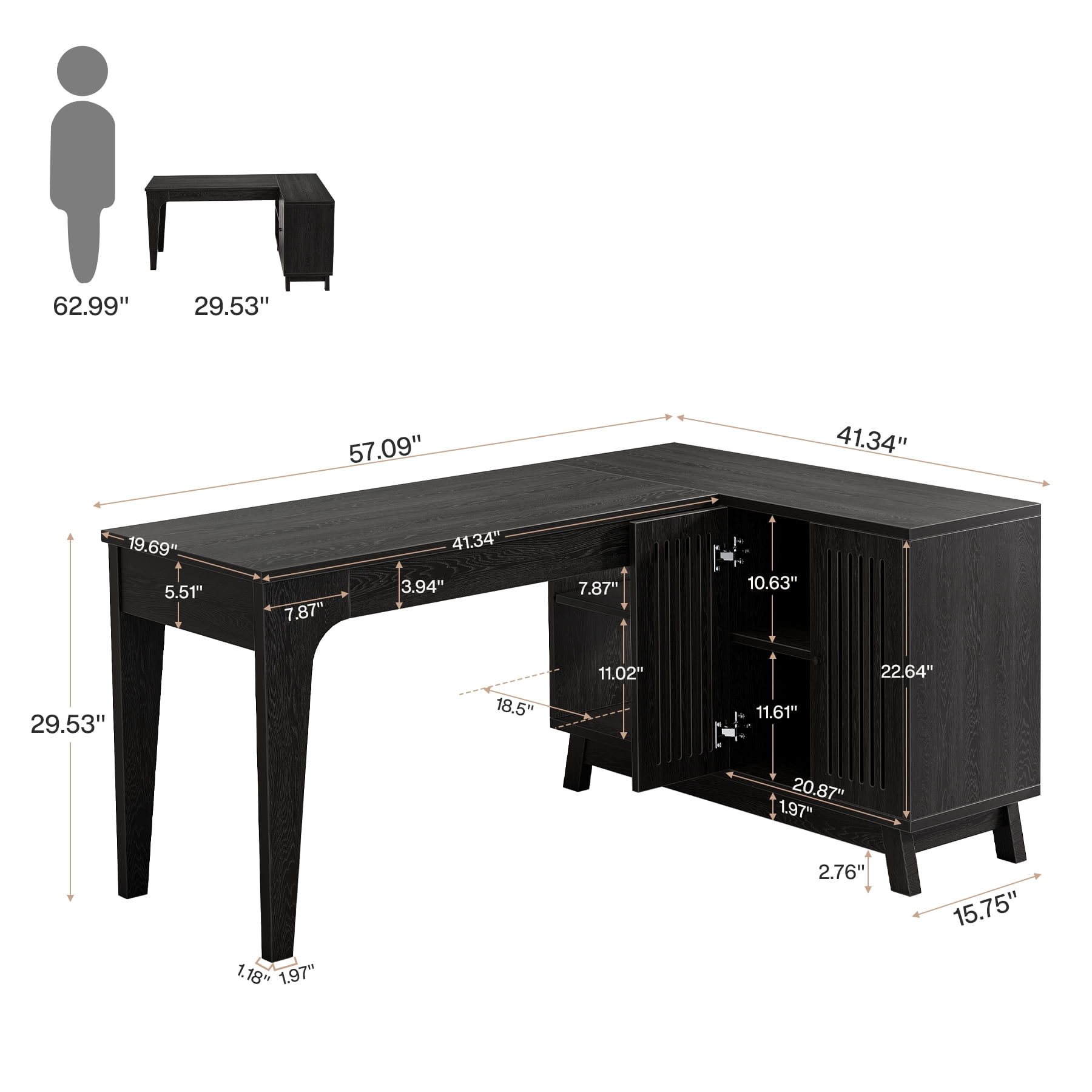 Tribesigns 57-Inch Wood L-Shaped Corner Computer Desk, Study Writing Table with Storage Shelves, Workstation with Cabinet for Home Office, Black
