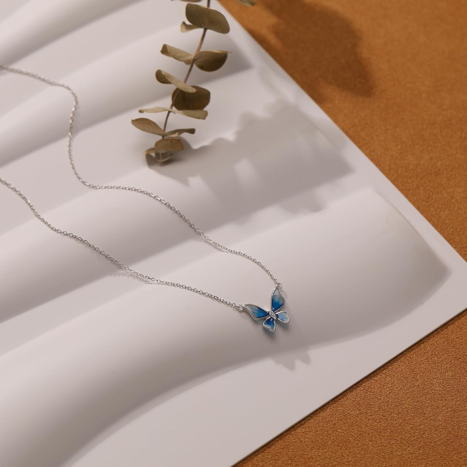 Cute Butterfly Necklaces for Women 14K Gold Plated Blue Enamel Butterfly Insect Choker Pendant Necklace 925 Sterling Silver CZ Charm Chain Necklace Jewelry Birthday Gifts to Daughter