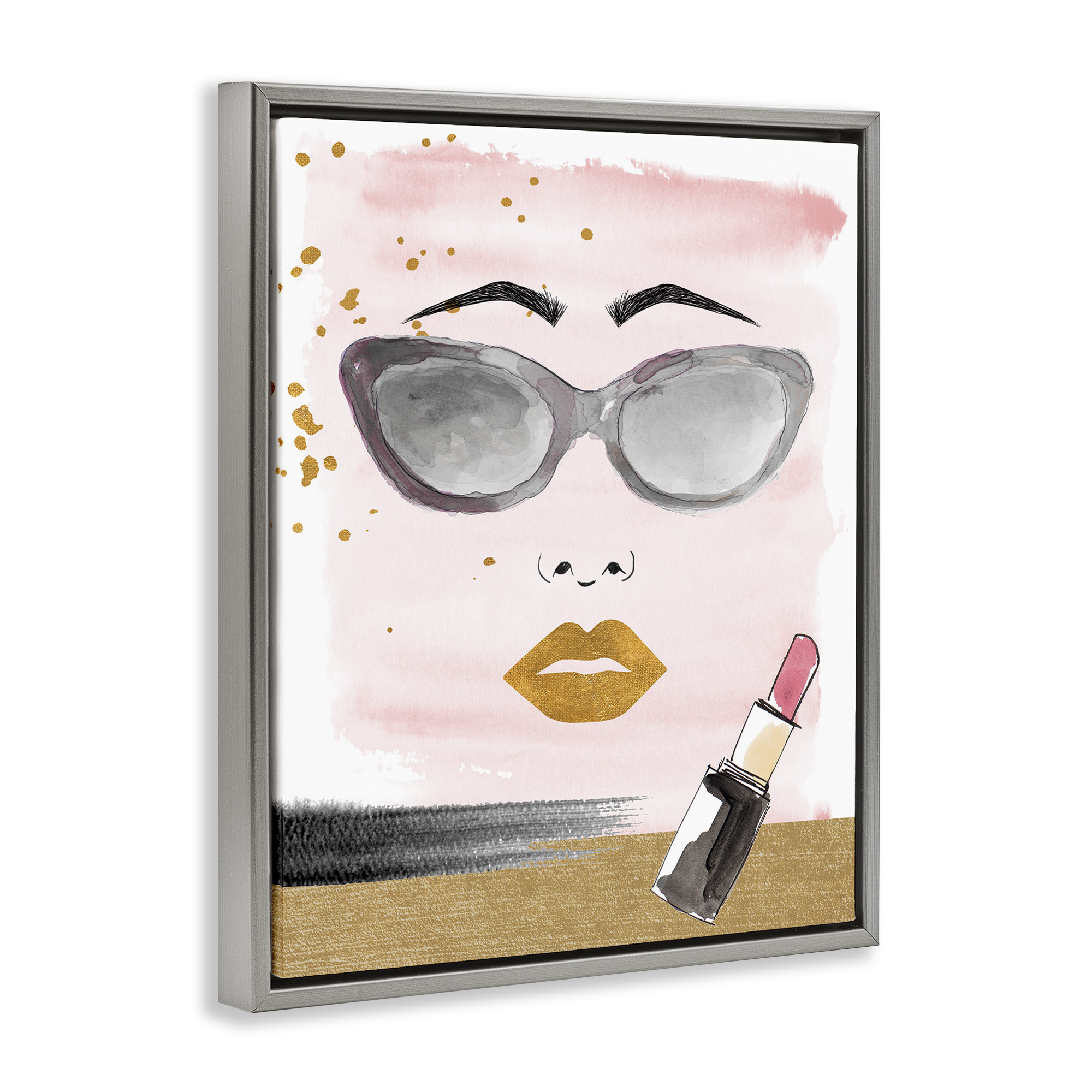 Stupell Industries Lipstick & Glam Face Novelty Painting Gray Floater Framed Art Print Wall Art, 17 x 21