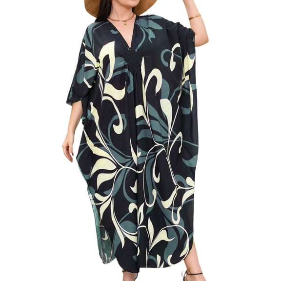 longantii Kaftan Dresses for Women Cozy V-Neck Batwing Sleeve Cover-Up Loose Fit Maxi Dress Color Block Travel Wear Summer One Size