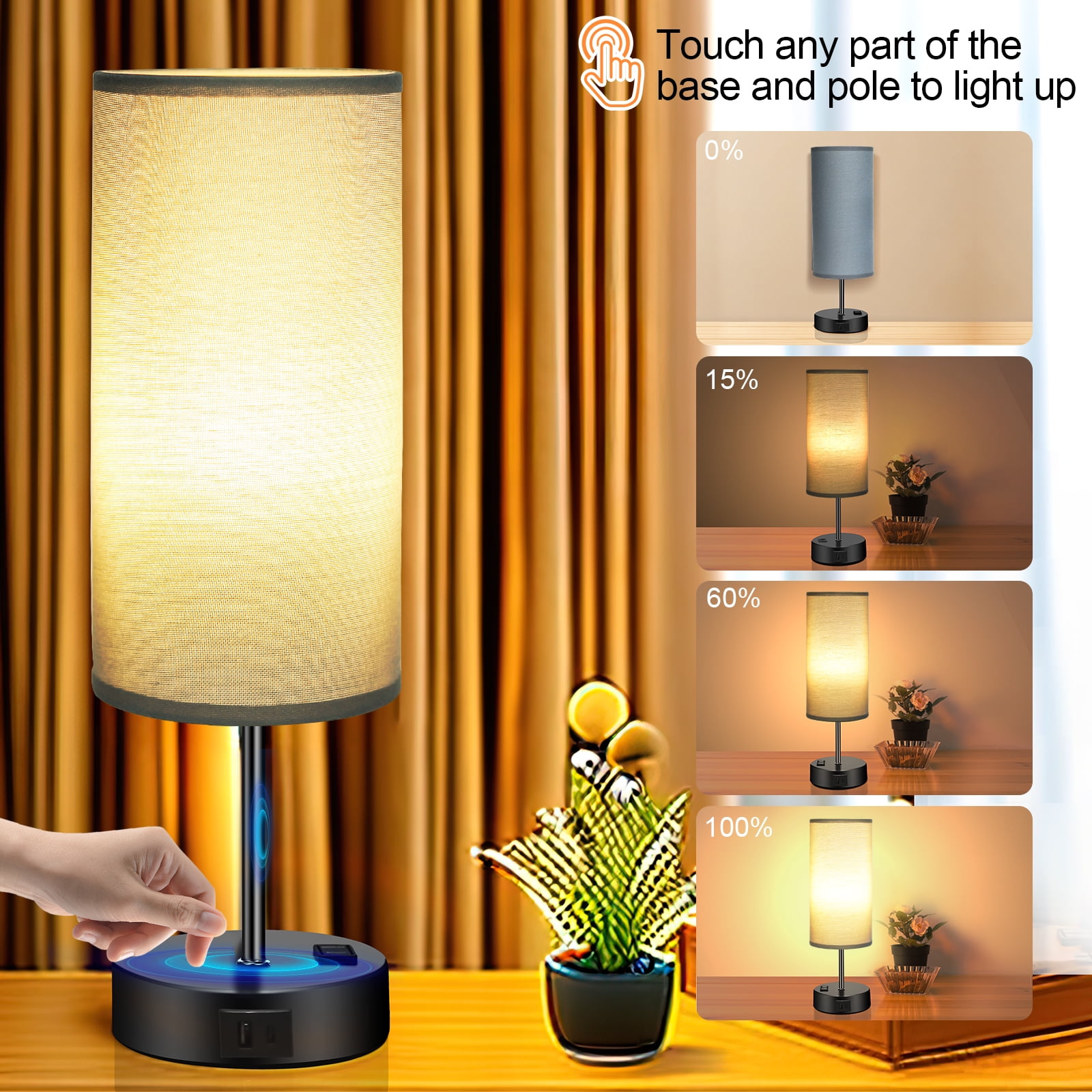Table Lamps for Bedroom, 3 Way Dimmable Touch Control Bedside Lamp with USB C+A Fast Charging Ports, Nightstand Lamp for Office, Living Room, Reading(E26 Light Bulb Included), Grey