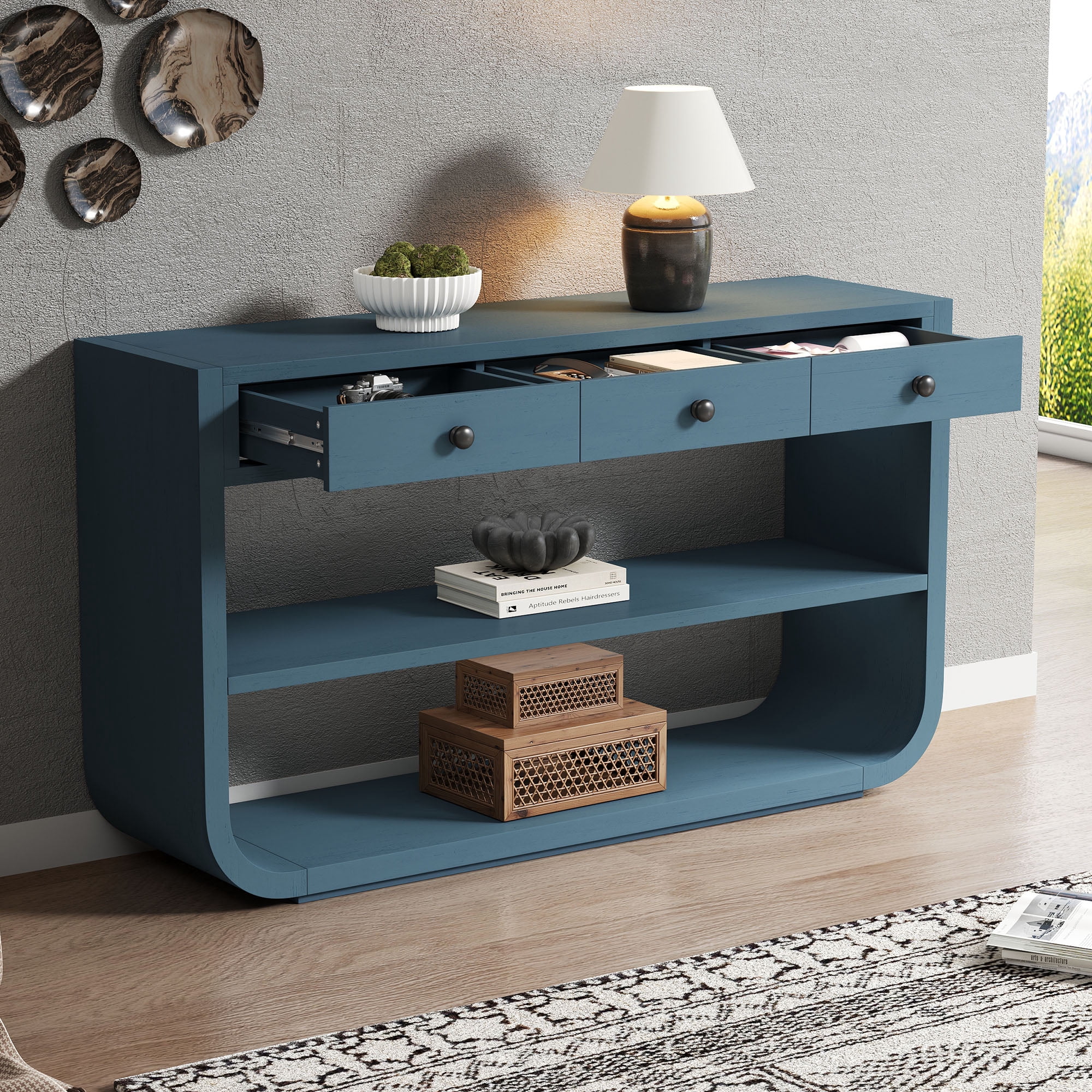 Mintazer 55" Modern Curved Console Table with 3 Soft-Close Drawers & 2 Open Shelves for Entryway, Living Room, Hallway, Blue