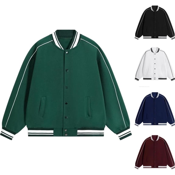 Daiosportswear Women's Varsity Bomber Jacket Snap Button Casual Striped Ribbed Trim Contrast Piping Baseball Coat with Side Pockets White