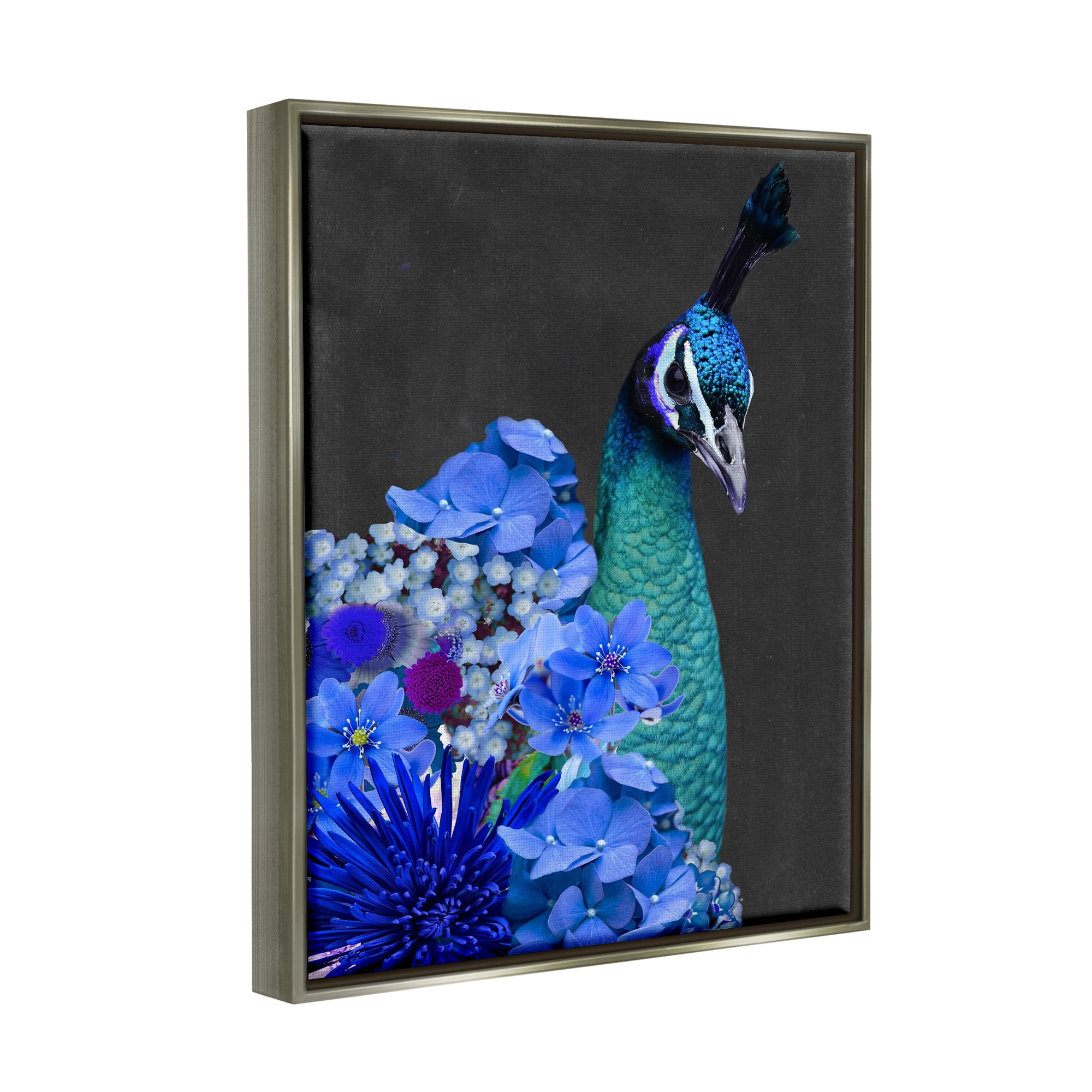 Stupell Industries Peacock with Blue Flowers Animals & Insects Painting Gray Floater Framed Canvas Art Print Wall Art, 25 x 31