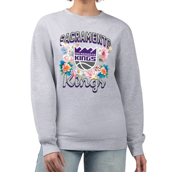 Women's G-III 4Her by Carl Banks Heather Gray Sacramento Kings Flowers Team Logo Graphic Fleece Crewneck Pullover