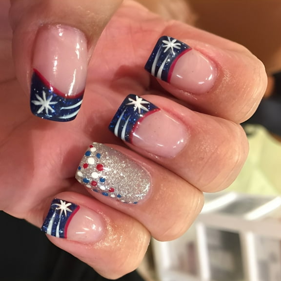 Huhudde Independence Day Press on Nails Square Star False Nails 4th of July Designs Stick on Nails French Tip Nails Accesories