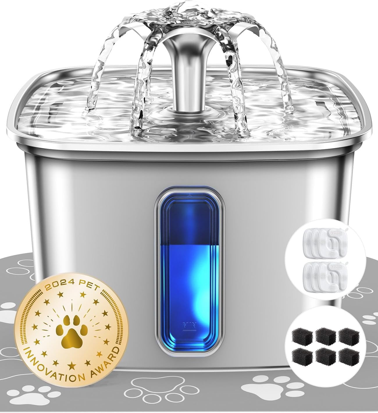 Innovation Award Winner Stainless Steel Cat Water Fountain, 108oz/3.2L Automatic Pet Fountain Dog Water Dispenser with 6 Replacement Filters & Silicone Mat for Cats, Dogs, Multiple Pets (Silver)