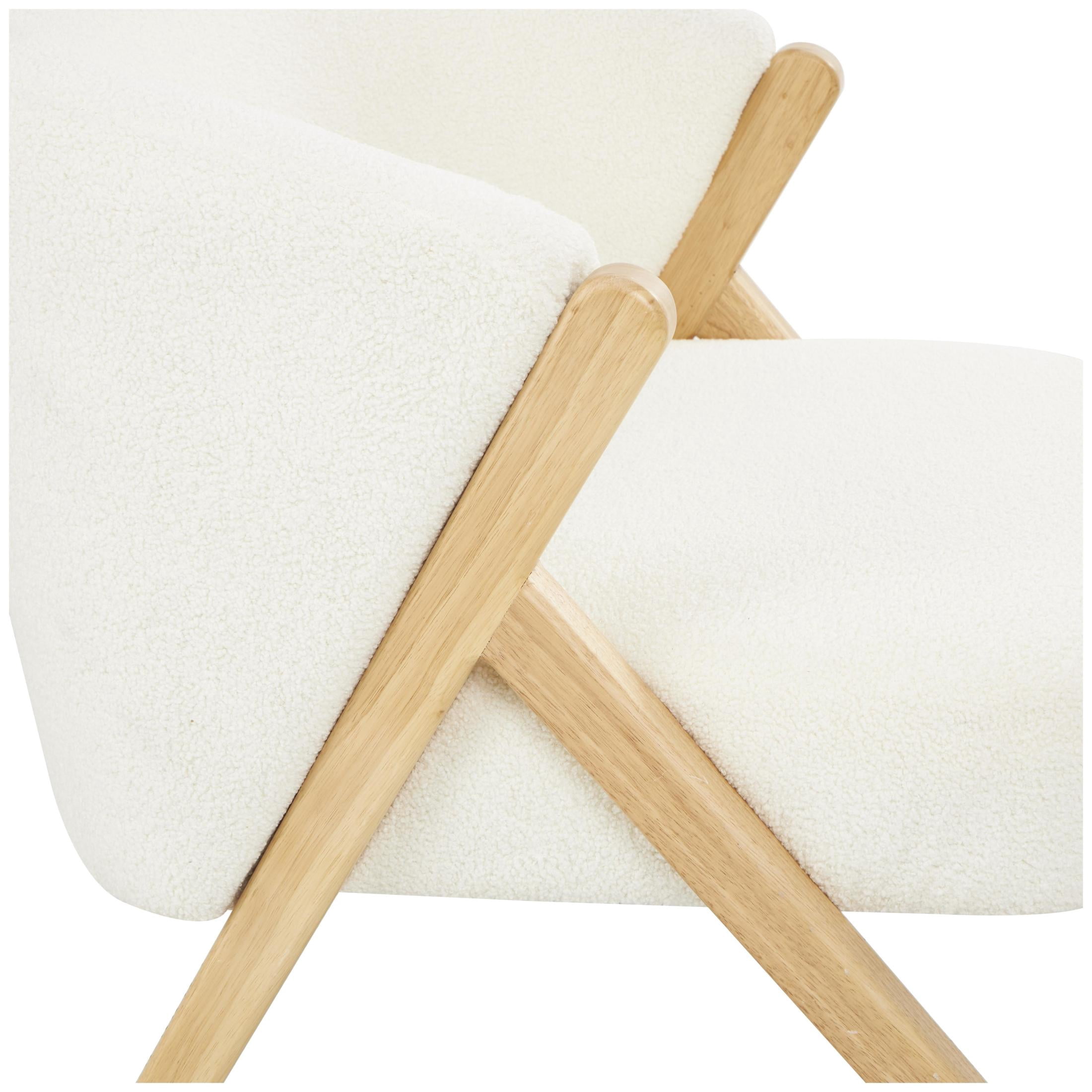 DecMode Polyester Rounded Boucle Lounge Chair with Angled Wooden Legs, White