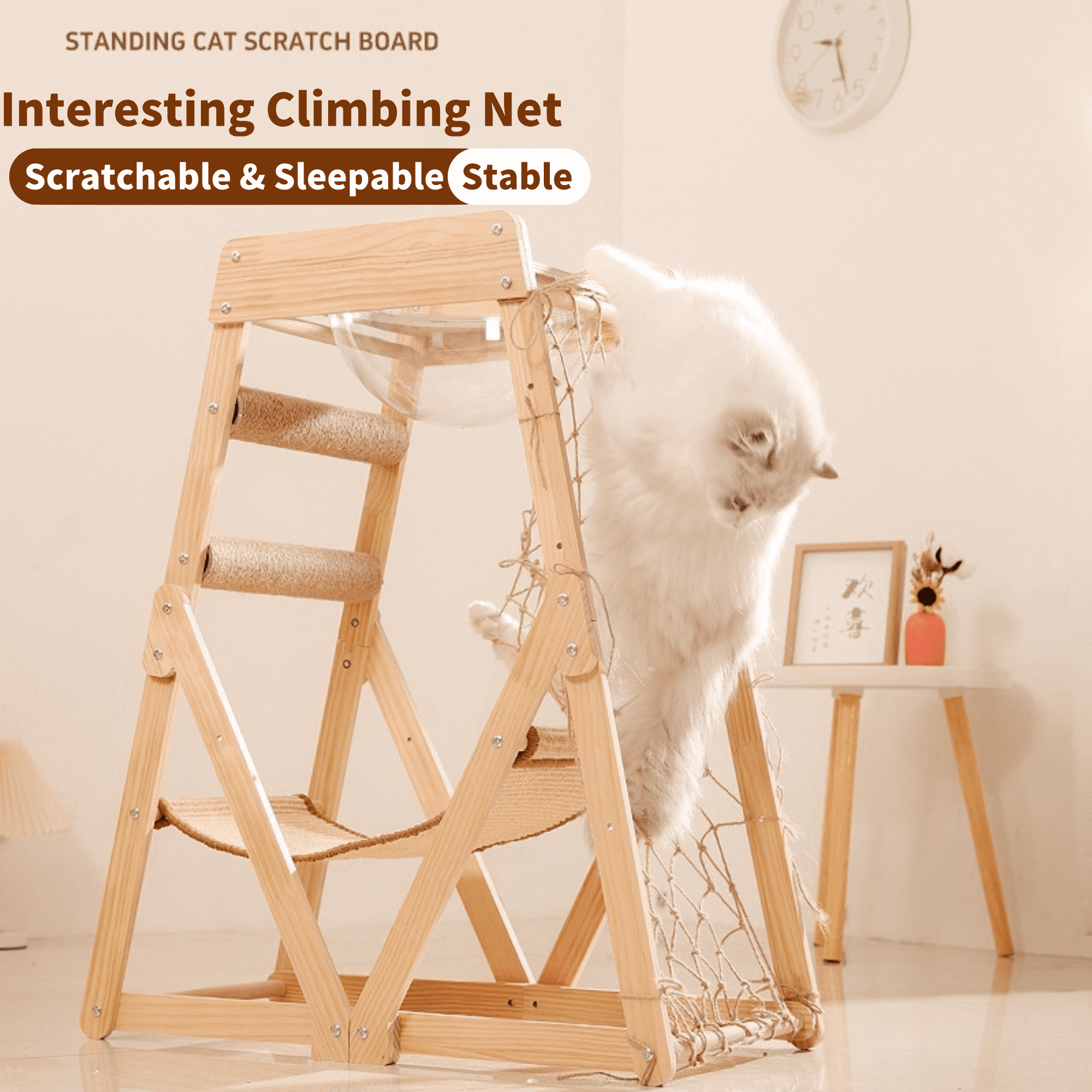 AIWFL Cat Hammock with Acrylic Cat Nest, Cat Tower for Indoor Cats with Straching Post Climbing Web and Danging Sisal Ball, Cute Solid Wood Cat Tree