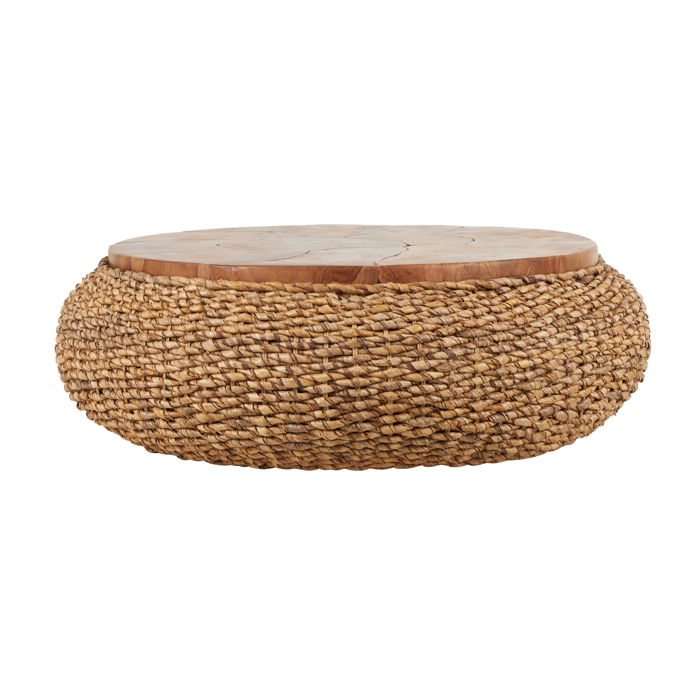 DecMode 47" x 15" Brown Rattan Wrapped Coffee Table with Teak Tabletop, 1-Piece