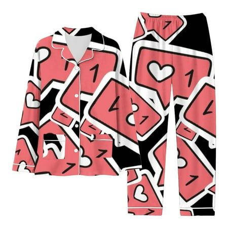 Pavied Womens Pajama Sets Pj Sets Women s Valentine s Day Love Letter Printing Fashion Casual Button Pocket Long Sleeved Pants Set Pajama Sets for Women 2 Piece Fall Pajamas clearance sales Pink XL