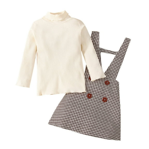 EnJoCho Kids Party Outfit KIds Toddler Baby Girls Long Sleeve Solid Ribbed Tops Plaid Suspender Skirt 2PCS Little Child Trendy Fall Winter Clothing Set