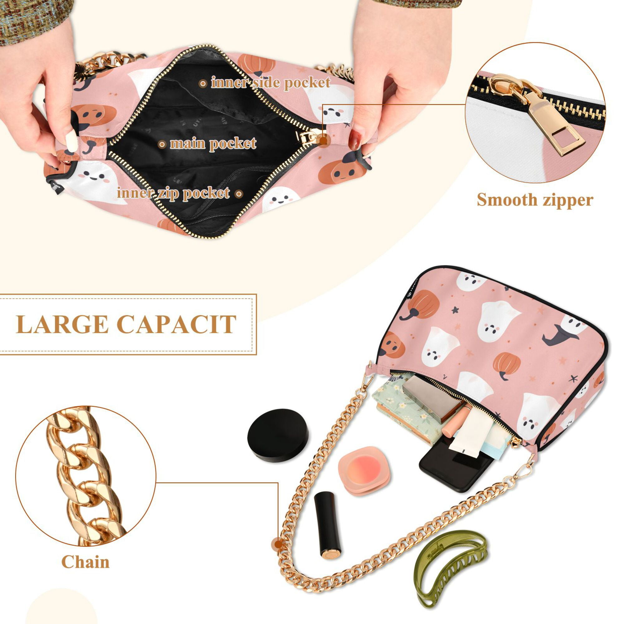 FORMRS Womens Shoulder Bag with Chain Strap Clutch Purse Cute Tote Handbag, Pink Cartoon Halloween