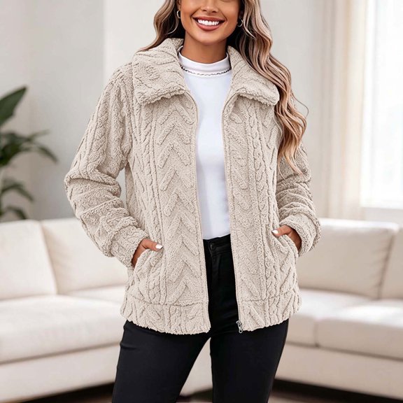 WIZUTIZ Women's Solid Color Double-Sided Fleece Jacquard Lapel Collar Jacket Long Sleeve Warm Winter Coat Loose Fit Cozy Outerwear with Pockets