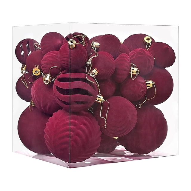 Bolas Navideñas de Flocado con Formas Especiales, 36 Adornos Pintados de Terciopelo Rojo | Decoraciones Navideñas de Tela Suave | Adornos para Árbol Multifuncionales, Guirnaldas y Centros de Mesa