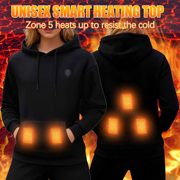 Roncen Women's 5-Zone Electric Heating Hooded Sweatshirt - Long Sleeve Solid Color Casual Pullover with Dual Pockets, Warm Fleece Lining for Outdoor Winter Activities