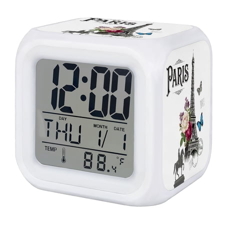 Paris Eiffel Tower Digital Alarm Clock for Bedrooms,Smart LED Alarm Clock with 7 Color Changing Night Light,Rustic Rose Floral Sculpture Butterfly Silent Wake Up Clocks for Sleep Study 3.2x3.2