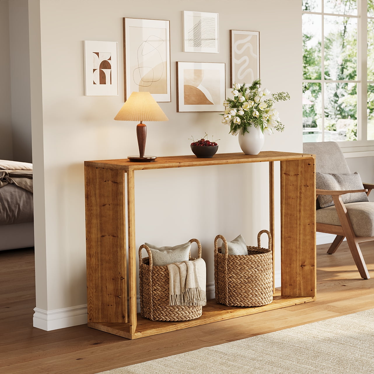 Finmind 2-Tier Solid Wood Console Table, 55 Inch Farmhouse Entryway Table Indoor for Foyer, Hallway, Brown