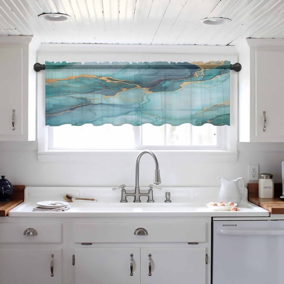 Teal Marble Valance Curtains for Kitchen/Living Room/Bathroom/Bedroom Window, Modern Abstract Art Luxury Yellow Rod Pocket Small Topper Half Short Window Curtains Voile Sheer Scarf 54"x18"