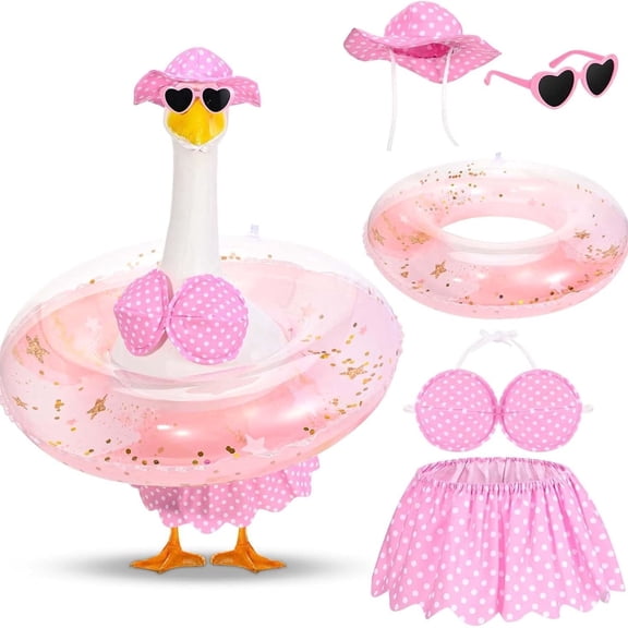 Hawaiian Porch Goose Summer Outfit, 5Pc, Bikini Goose Clothes With Hat Sunglasses & Inner Tube, Decor Costume For 19/23 Inch Cement Goose, Outdoor Garden Yard Lawn Decor