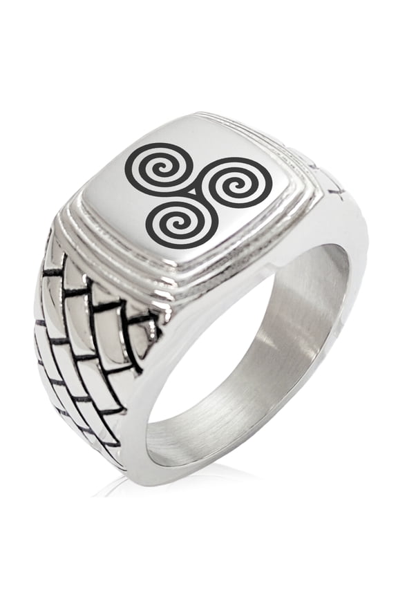 Stainless Steel Celtic Triskele Triskelion Triple Spiral Geometric Pattern Step-Down Biker Style Polished Ring