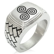 Stainless Steel Celtic Triskele Triskelion Triple Spiral Geometric Pattern Step-Down Biker Style Polished Ring