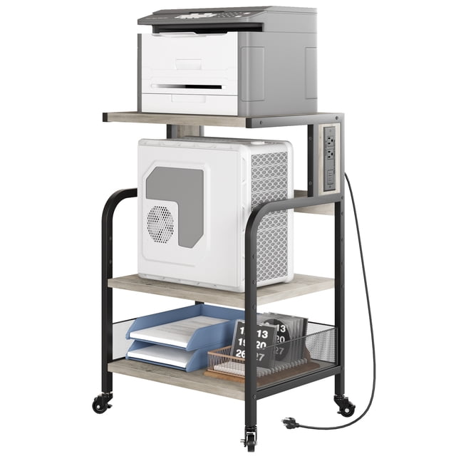 Bingirl Grand Support d'Imprimante avec Prises de Courant et Ports de Recharge USB, Table d'Imprimante Mobile avec Tablette de Rangement, Support d'Imprimante Roulant à 3 Niveaux avec Roues pour Bureau à Domicile, Gris Rustique