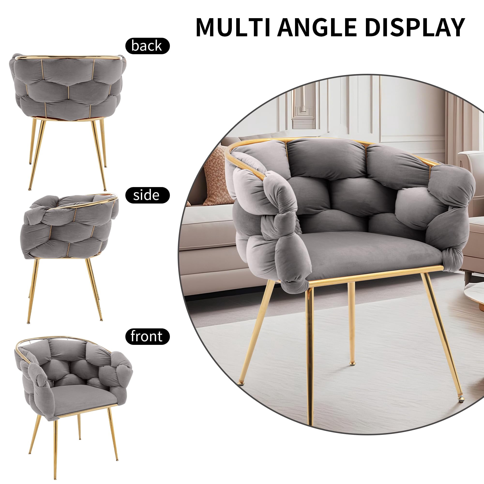 LEHZROAJ Modern Upholstered Dining Chairs Set of 1,Side Chair Oversize Gold Metal Leg for Dining Room,Kitchen,Restaurant(Gray)