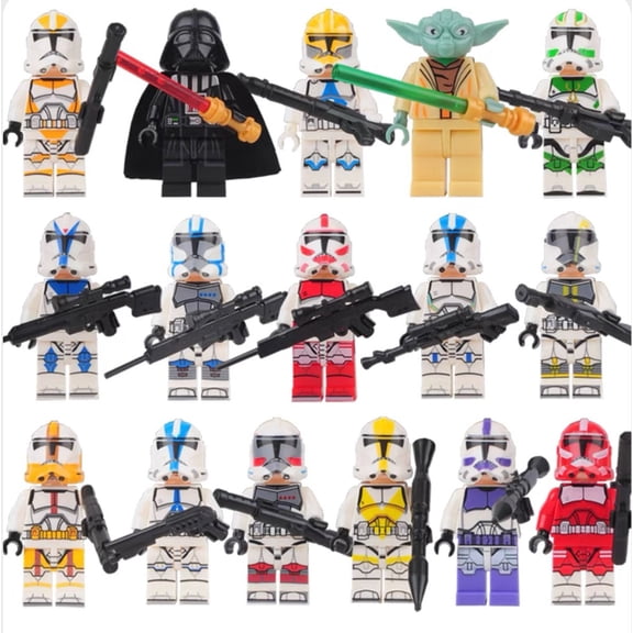 16 Pcs Space Wars Minifigures Action Figures Weapons Set Battle Droids Platoon Attack Troop Trooper Aerial Clone Commando Space Building Blocks Playset