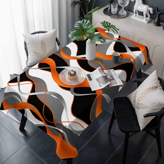 Abstract Stripes Table Cloth Waterproof Tablecloths, Retro Modern Orange Black Gray Lines Tablecloth Dining Table Cover for Kitchen Party Tabletop Outdoor, Rectangle Tablecloth 60x120 Inch
