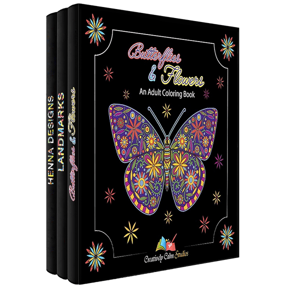 3 Book Set of Butterflies and Flowers, Henna, and Landmarks Adult Coloring Books