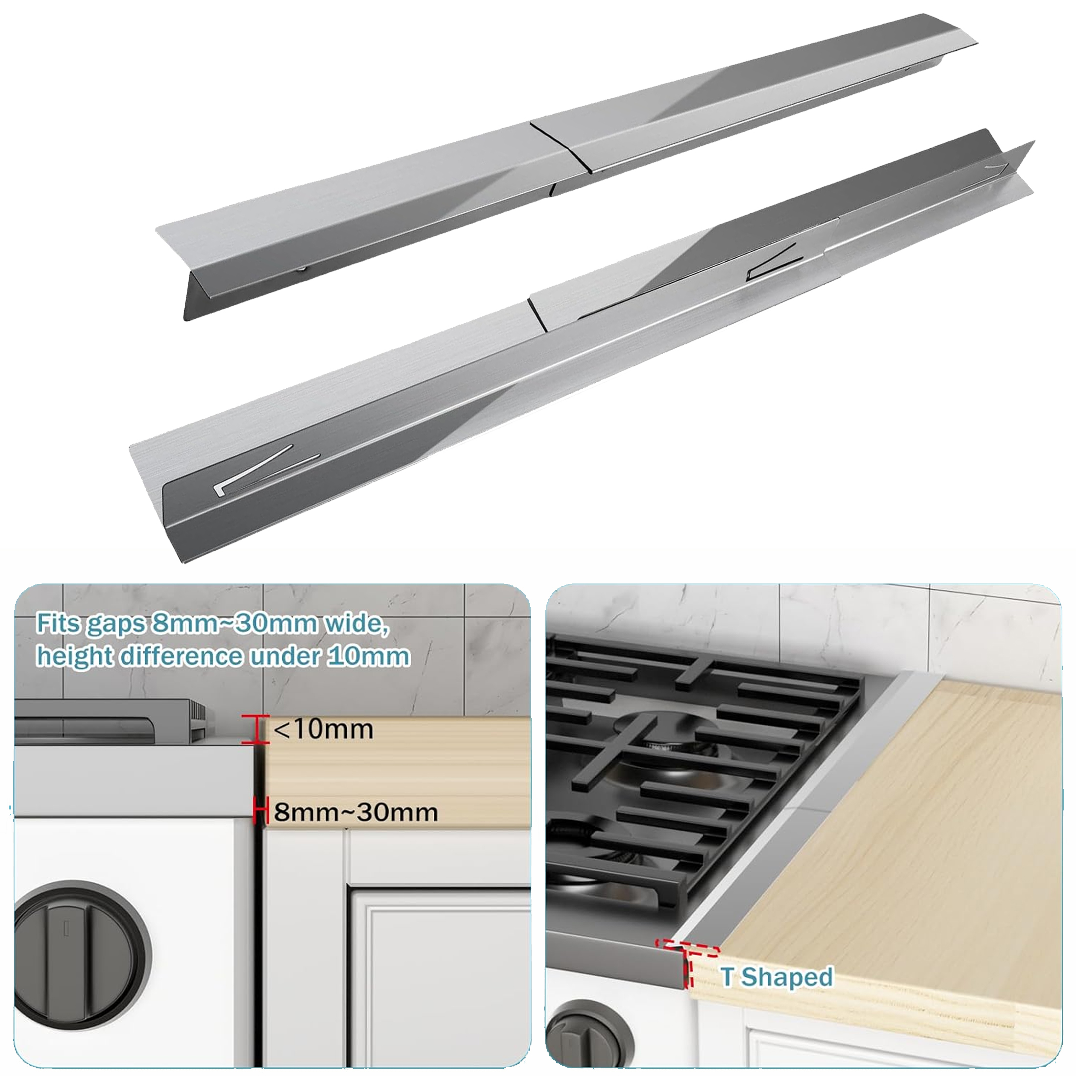 2 Pack Stainless Steel Stove Gap Covers, Stove Gap Filler for Kitchen for Kitchen, Adjustable Length 13.8" to 27.5" (T Shape, Sliver)