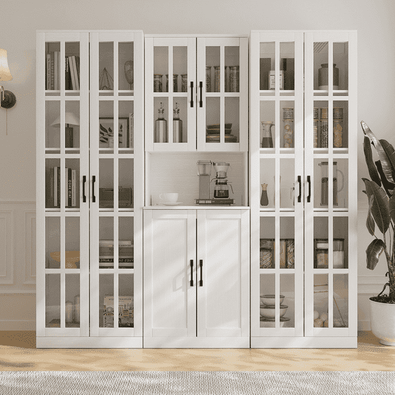 RichYa 3Pcs Grid Bookcases Set with Glass Doors,Tall Bookshelves with Storage,5-Tier Modular Cabinets for Home Office Living Room,White(AEA)