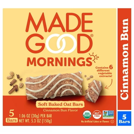 MadeGood Mornings Cinnamon Bun Breakfast Bars, 5 Count (1.06oz Each)(2 Packs)