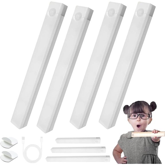 2025 Upgraded Punch-Free Smart Sensor Magnetic Rechargeable LED Lights, Rechargeable Motion Sensor Light, Wireless Motion Sensor Indoor Lights, Stick On Lights for Kitchen/Stairs (4PC-White, 11.8in)