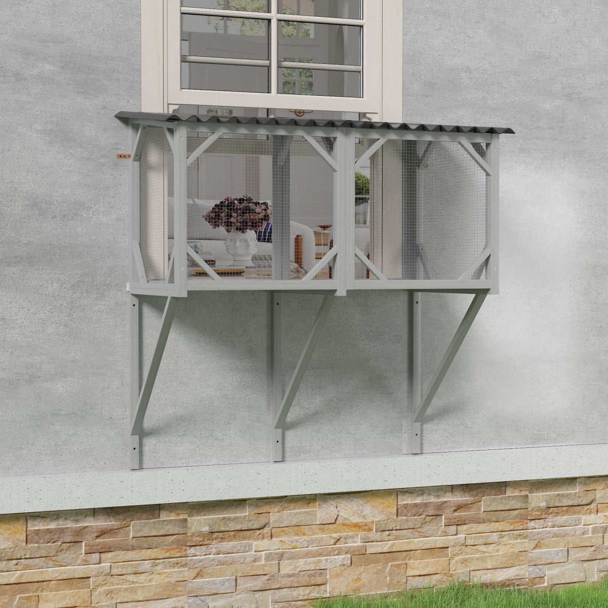 LuckyNote Cat Window Perch for Large Indoor Cats, Wooden Catio with 270° View, 55 lbs Capacity, for Sunbathing & Napping, Grey