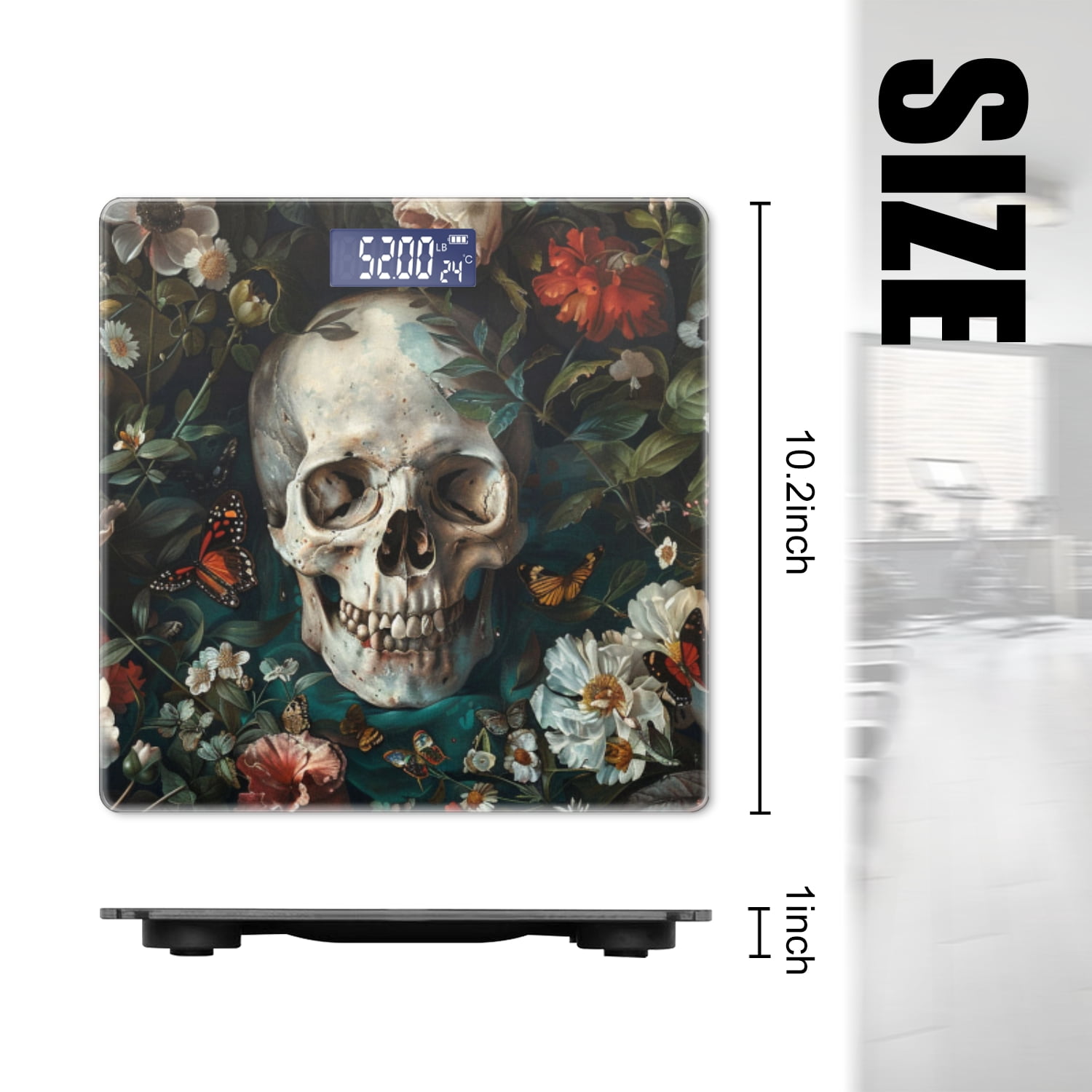 High Precision Body Weight Scale Smart Bathroom Scales with Large LCD Display(400lbs),Decorative for Bedroom-Skull Surrounded By Flowers And Butterflies (3)