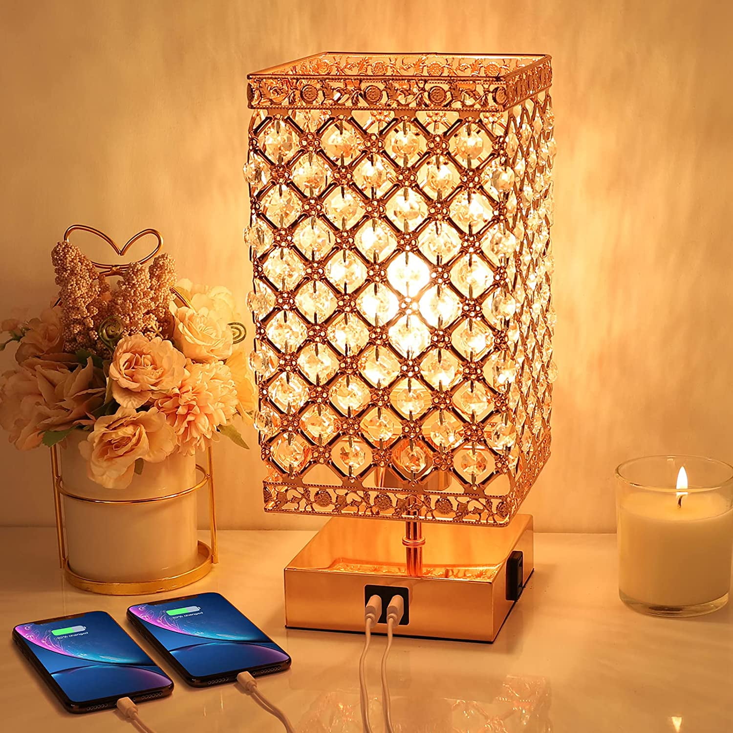 Crystal Table Lamp, Touch Control Bedside Lamps 3 Way Dimmable Crystal