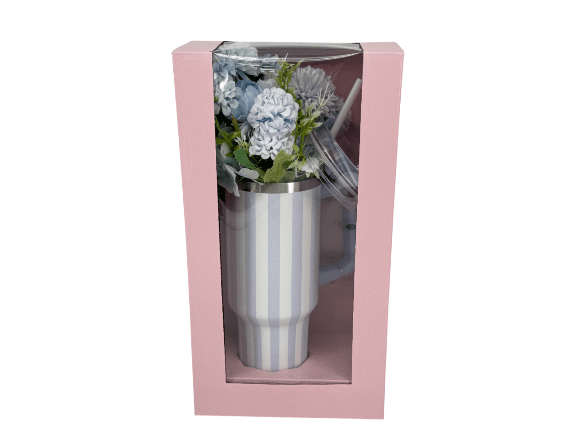 Striped Tumbler with Straw and Artificial Flower Gift Set, Blue, 40 oz, Mother's Day by Way To Celebrate