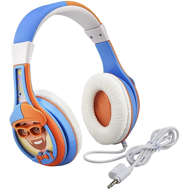 auriculares ekids blippi para niños, con cable y conector 3.5 mm; audífonos supraaurales multicolor azul y naranja con almohadillas blancas y diadema acolchada ajustable, control parental de volumen en línea, pensados para escuela, hogar o viajes; también suelen usarse para guardar pequeños accesorios de audio en mochilas durante desplazamientos.