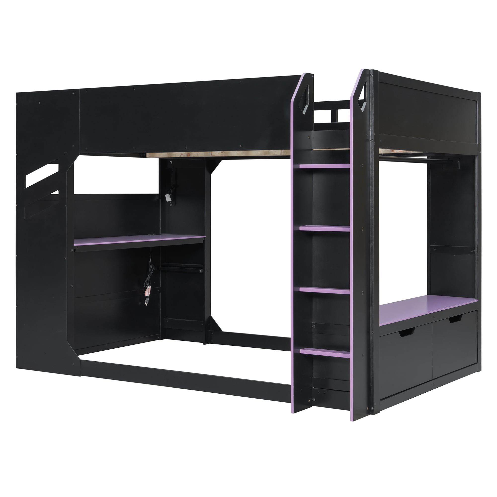 Mintazer Full Gaming Loft Bed with Adjustable Desk & RGB LED Light, Multifunctional Loft Bed with Storage Drawers & Clothing Hanging Rod, Black & Purple
