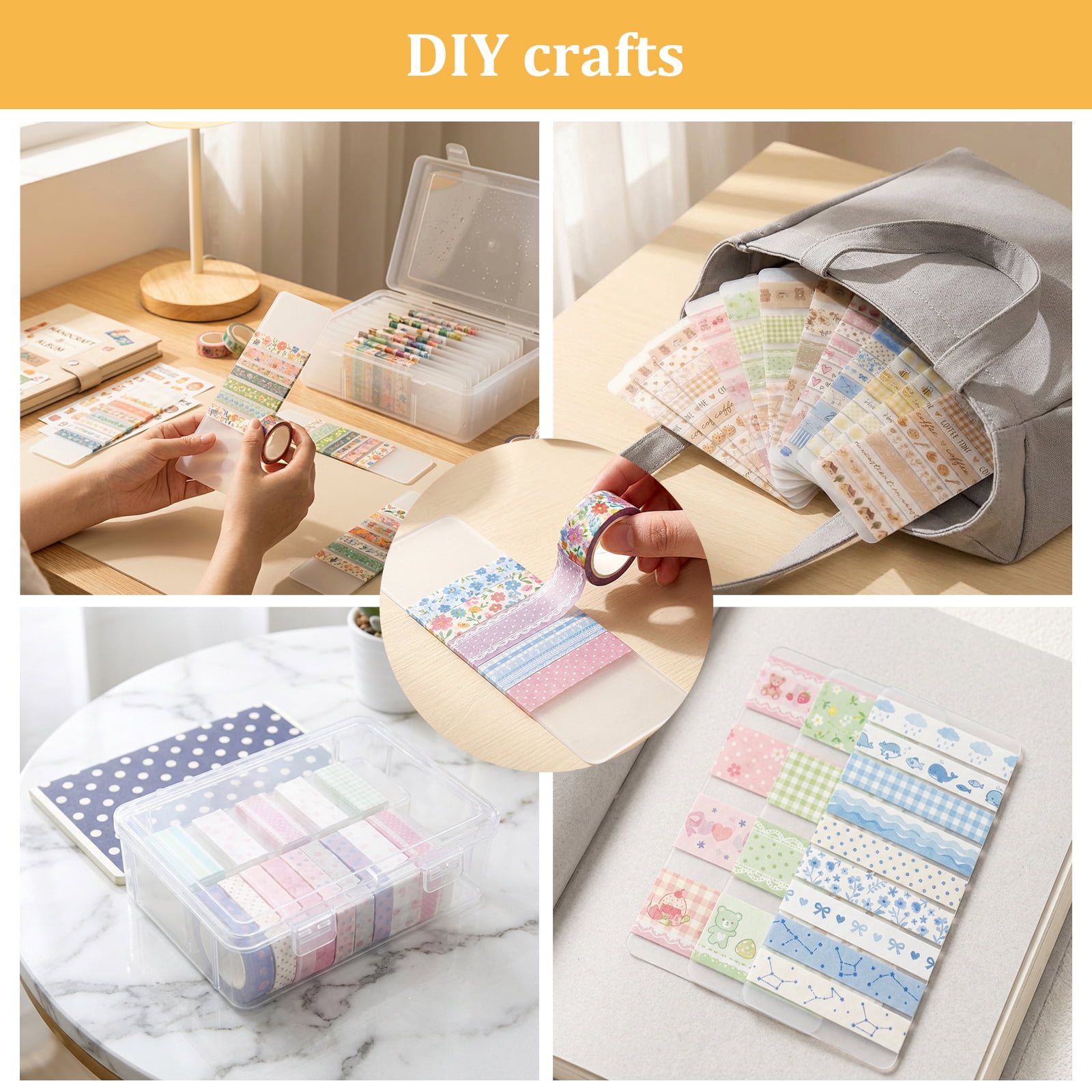 100 Pcs Washi Tape Cards Organizer with Storage Box –Portable Washi Tape Holder & Display Board for Scrapbooking, Journaling, DIY Crafts, Travel (Mixed-Color)