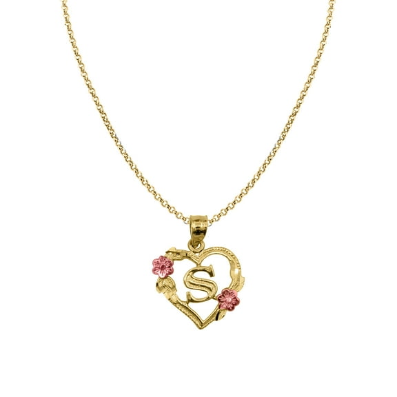 Genuine 14k Two-tone Gold 0.66" Floral Heart Initial S Pendant Necklace 16", 18", 20", 22" Trendy Charm Initial Necklaces for Women
