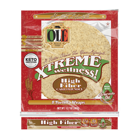 Olé Xtreme Wellness® High Fiber | 8" Flour Tortillas |Carb Lean |Keto Certified | 12.7 oz.| 8 Count (Pack of 6)