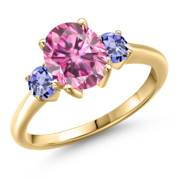 Gem Stone King 10K Yellow Gold Pink Moissanite and Blue Tanzanite Engagement Ring for Women | 2.60 Cttw | Oval 9X7MM | Gemstone Birthstone | Size 9