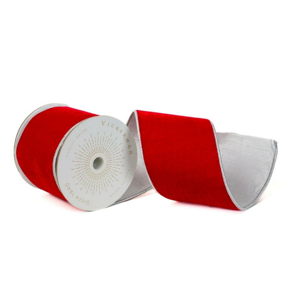 Vickerman QK240705 4 in. x 10 Yards Red Velvet Silver Metallic Trim Wired Ribbon