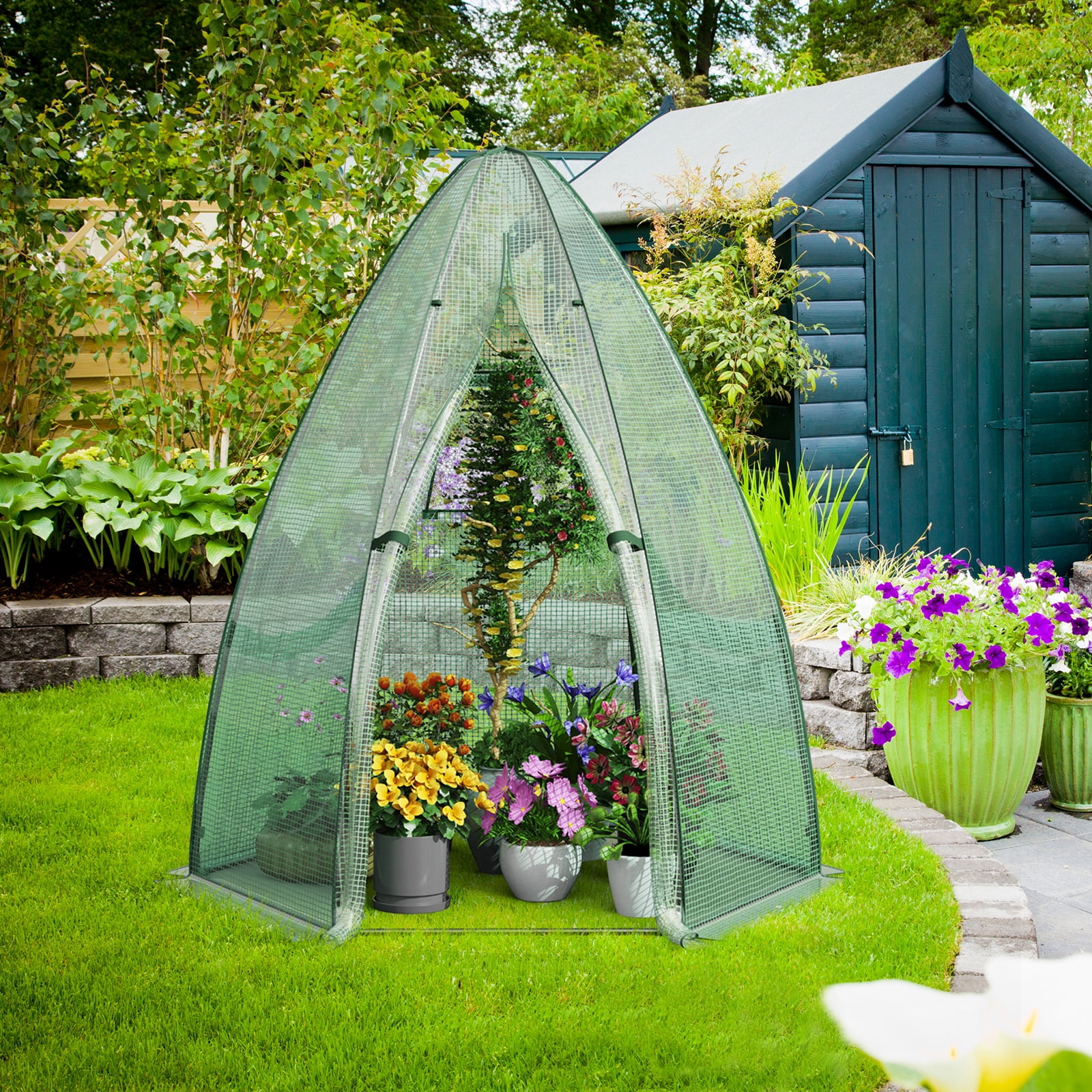 Patiojoy 63�� x 63�� x 72�� Walk-In Greenhouse with Roll-Up Window & Door Hexagonal Green House with Metal Frame & Waterproof PE Cover