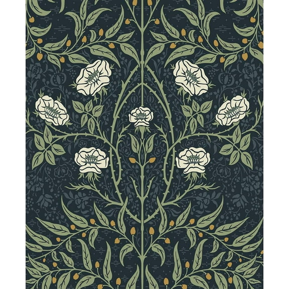 Seabrook Designs Navy & Sage Stenciled Floral Prepasted Wallpaper